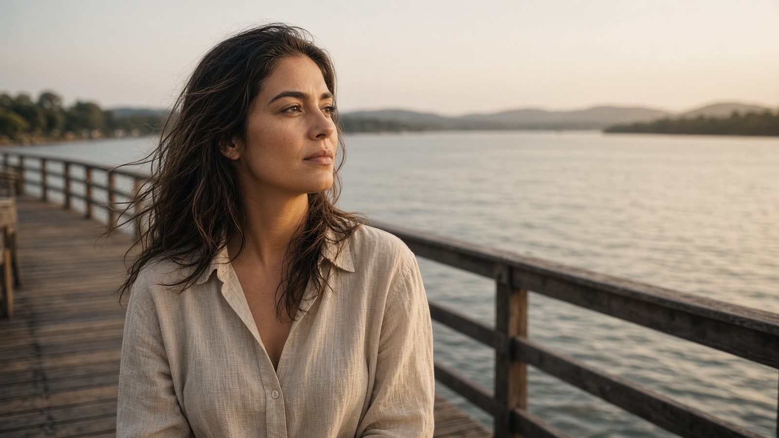 Mulher olhando o Guaíba ao entardecer, sem óculos